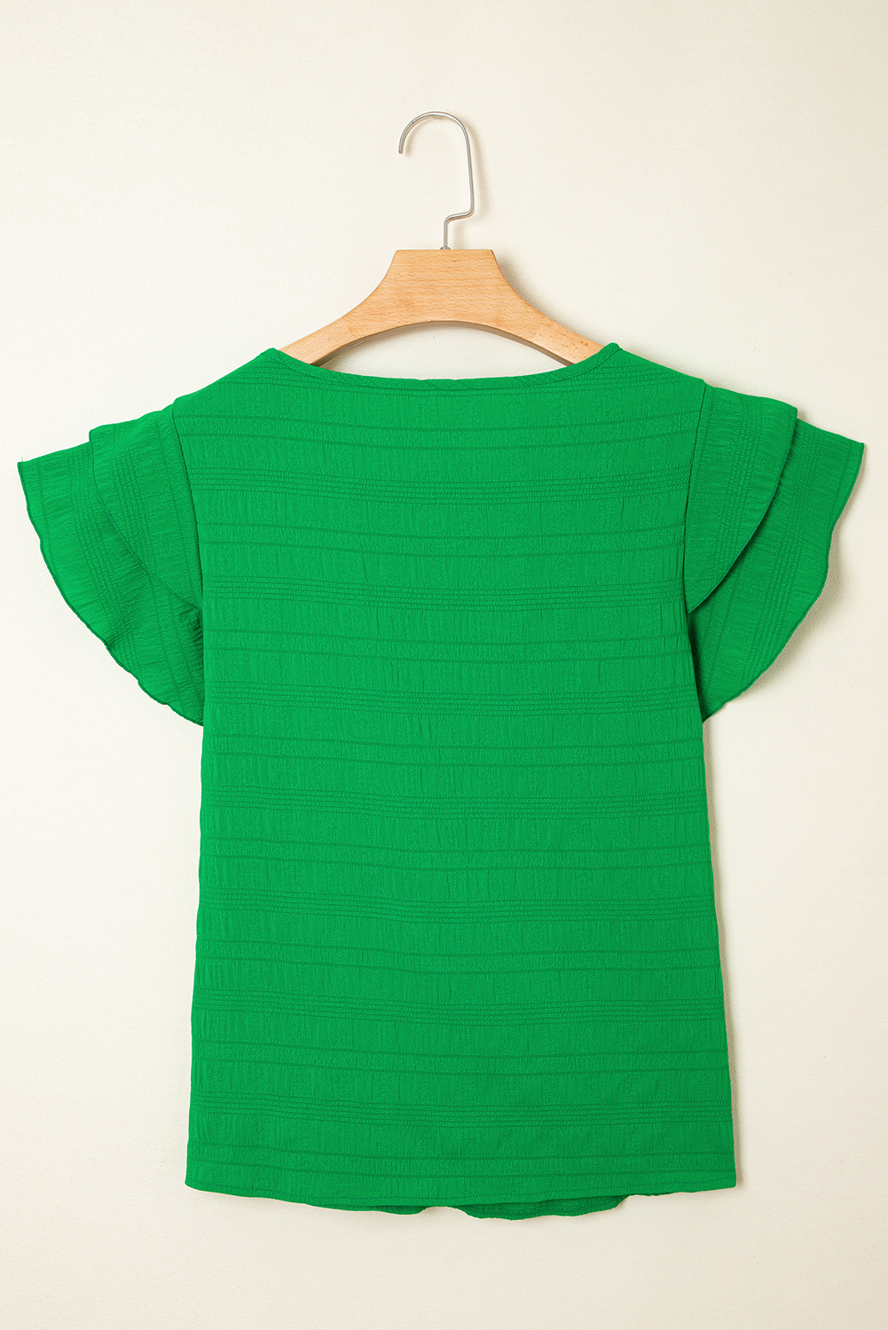 Dark Green Textured Ruffled Sleeve Round Neck Top - loveforevers