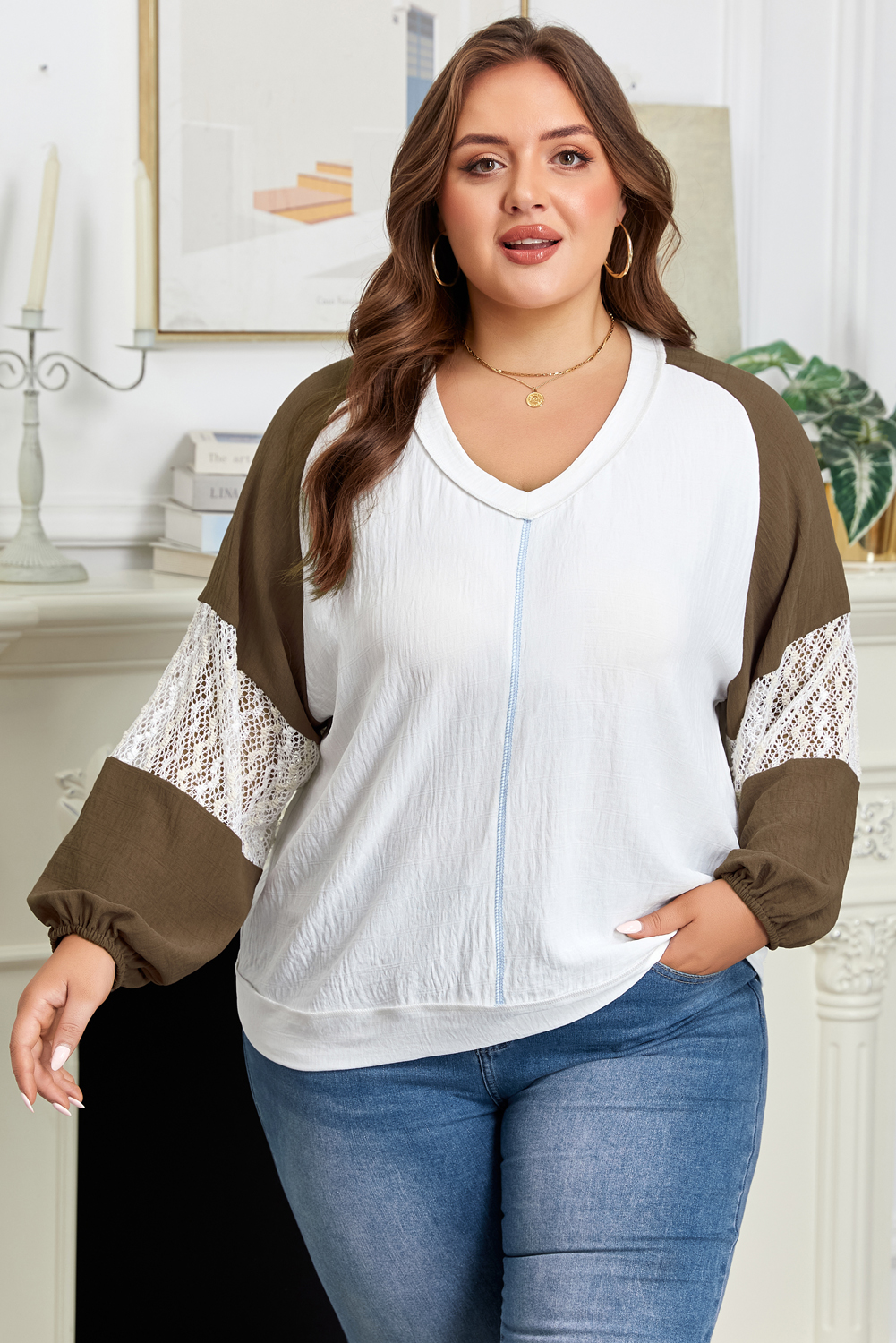 Green Colorblock Lace Patchwork Balloon Sleeve V Neck Plus Size Blouse - loveforevers