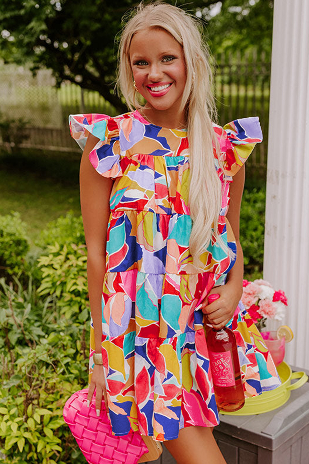 Pink Abstract Printed Ruffled Flutter Sleeve Tiered Mini Dress - loveforevers