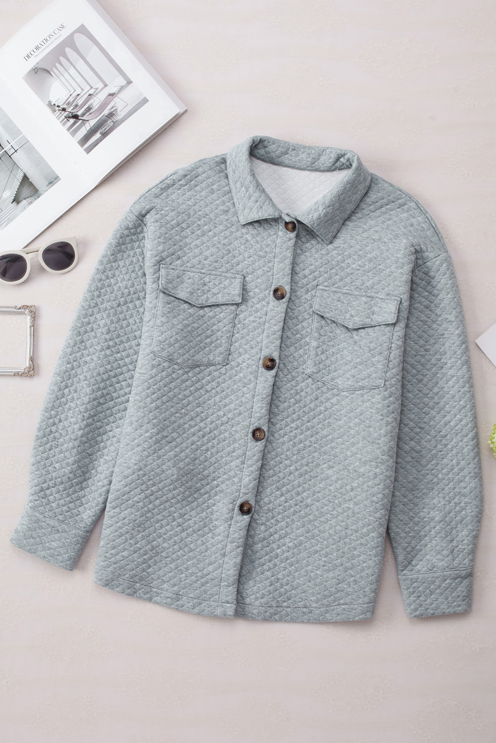 Gray Retro Quilted Flap Pocket Button Shacket - loveforevers
