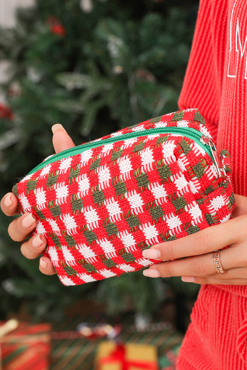Racing Red Christmas Style Crochet Zipper Square Makeup Bag - loveforevers