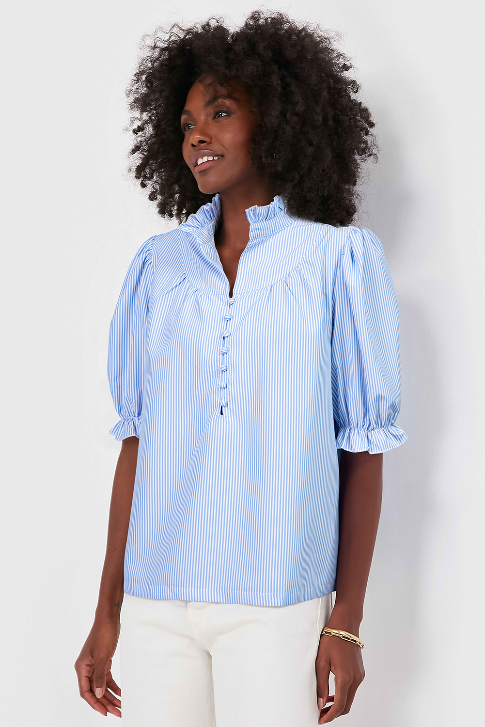 Sky Blue Stripe Ruffled Collar Puff Sleeve Half Buttons Blouse - loveforevers