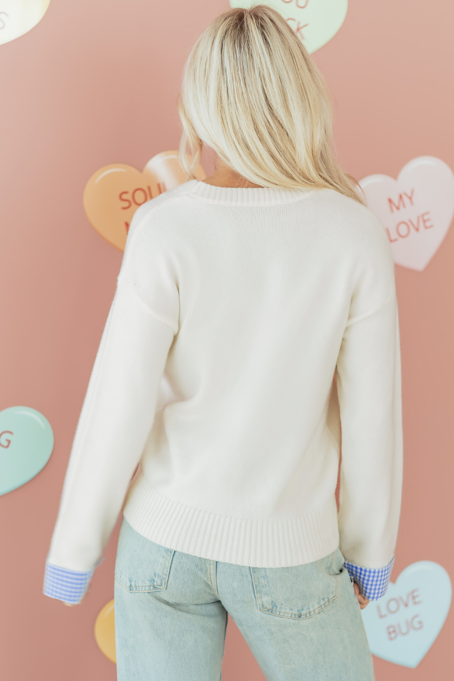 Light Pink Plaid Heart Embroidered Cuffed Drop Shoulder Crew Neck Sweater - loveforevers
