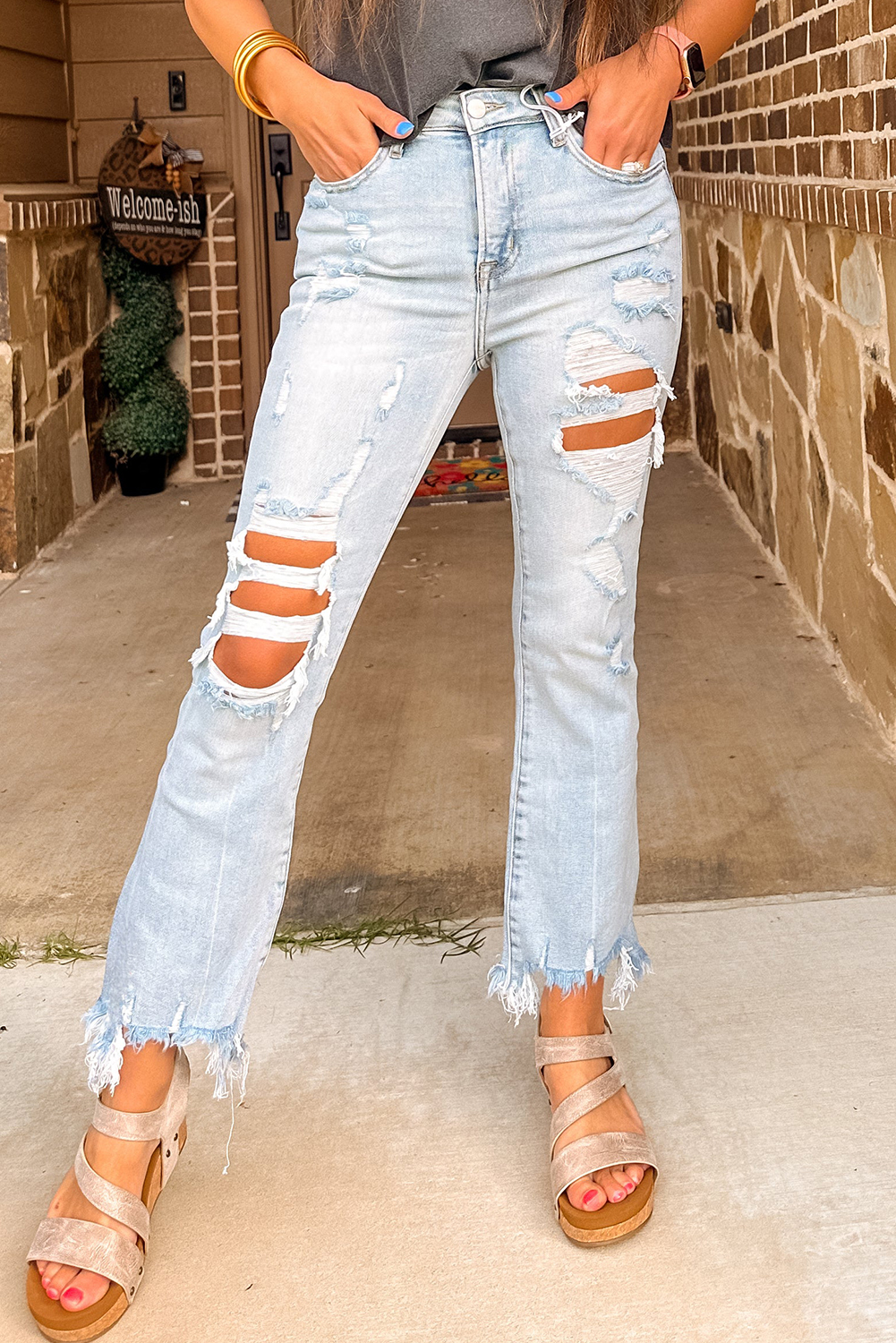 Beau Blue Light Wash Distressed Straight Leg Slim Fit Jeans - loveforevers