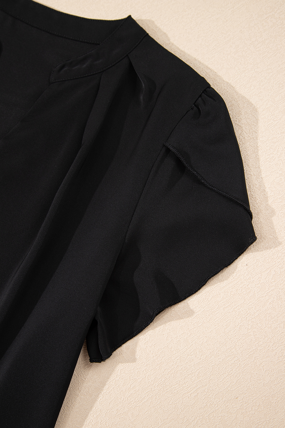 Black Silky Notched Neckline Petal Sleeve Blouse - loveforevers