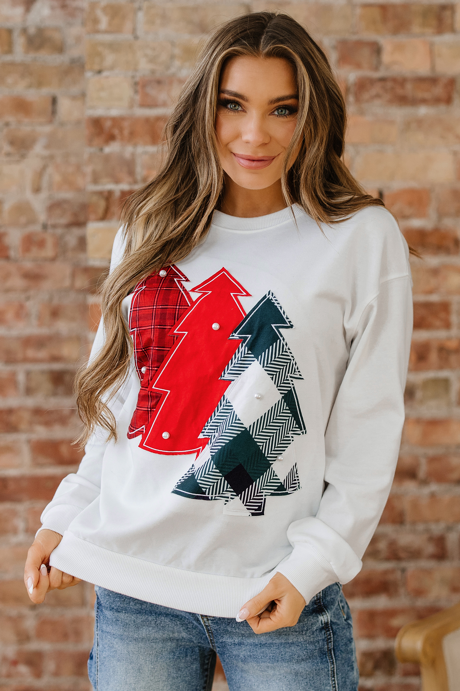White Pearl Plaid Christmas Tree Patched Drop Shoulder Sweatshirt - loveforevers