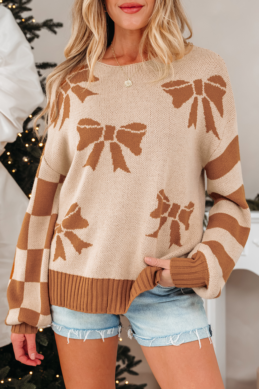 Straw Yellow Ribbon Bow Print Checkered Striped Sleeve Drop Shoulder Sweater - loveforevers