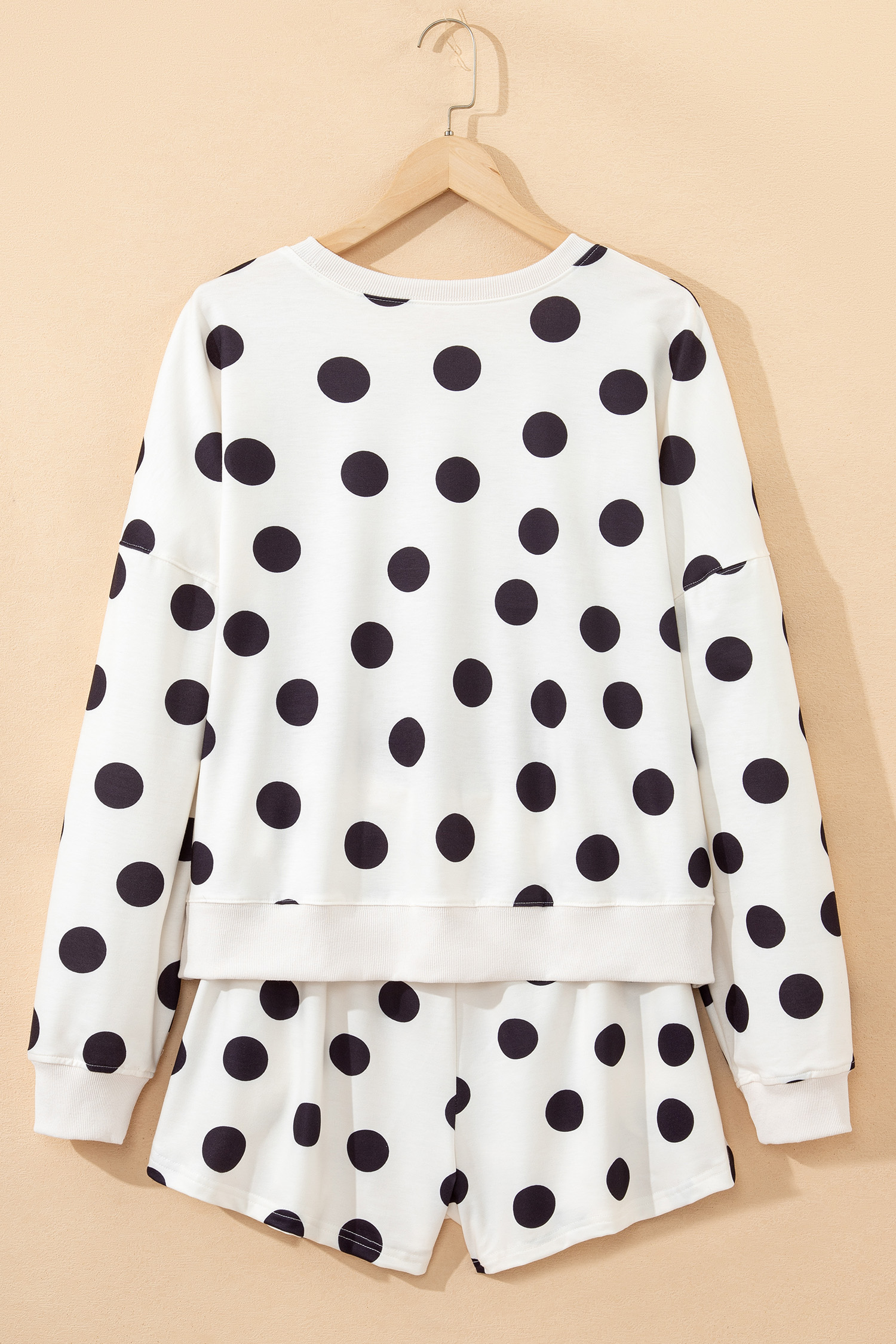 Beige Polka Dot Print Drop Shoulder Pullover Drawstring Jogger Pant Set - loveforevers