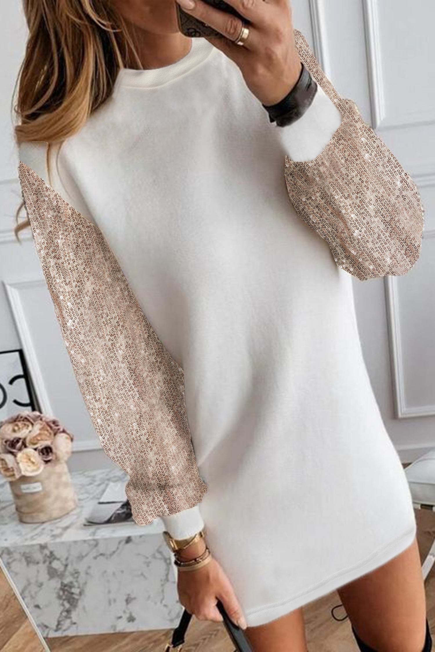 White Sequin Puff Sleeve Shift Mini Dress - loveforevers