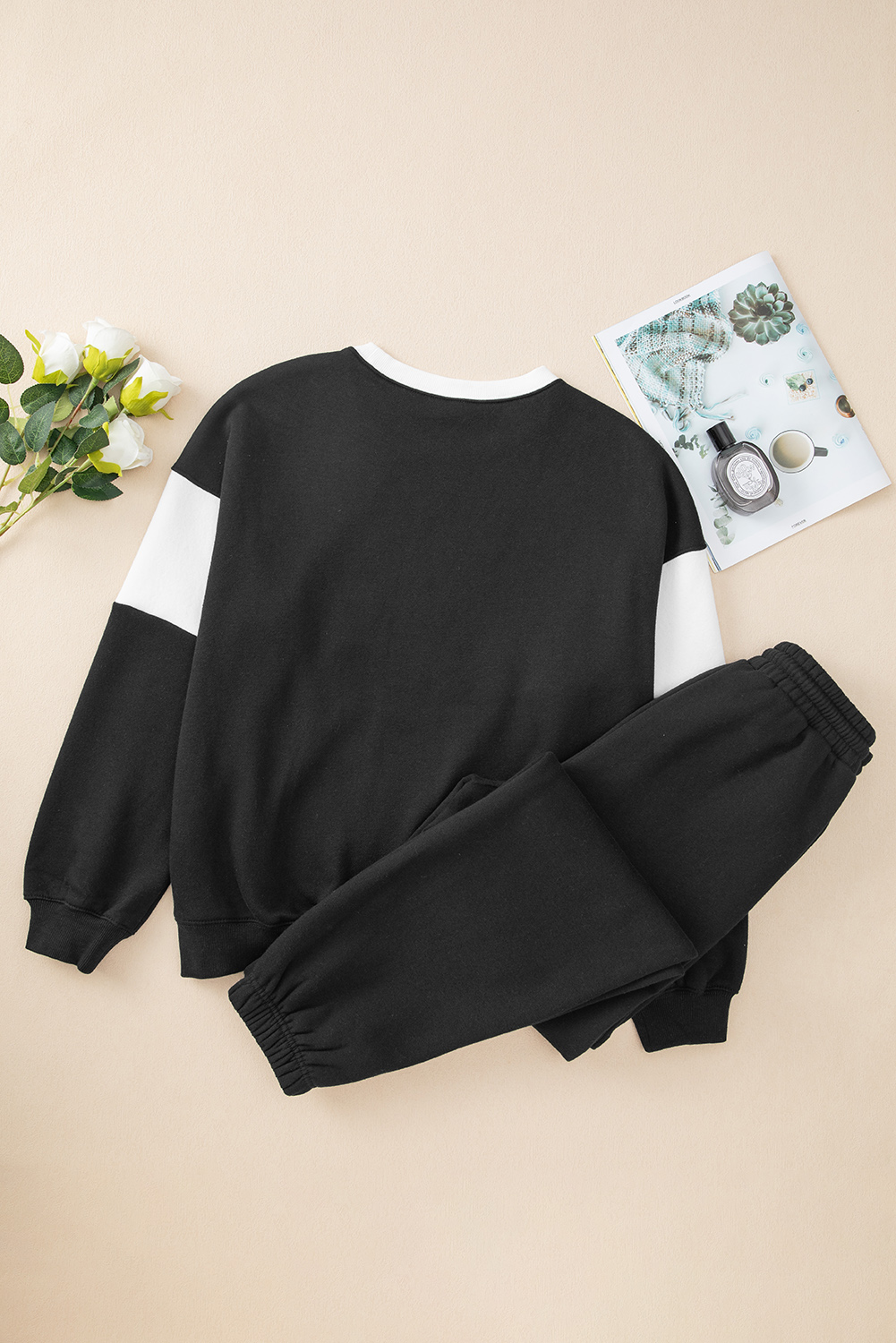 Black Drop Shoulder Loose Sweatshirt and Joggers Active Set - loveforevers