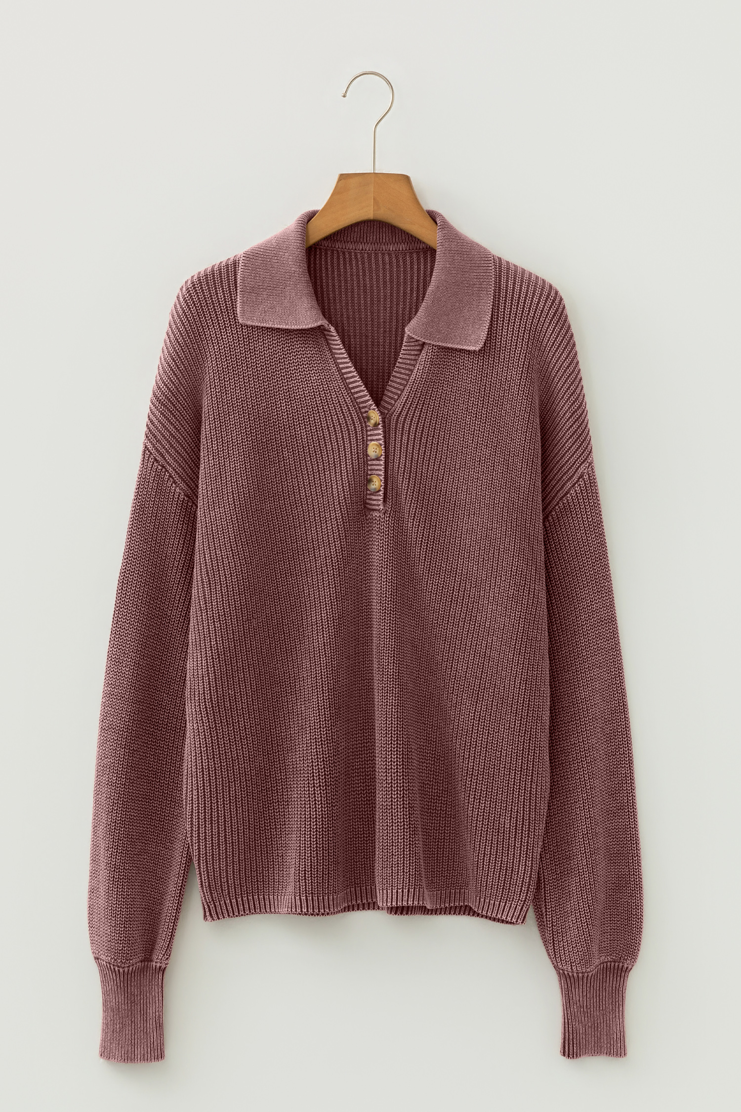 Dark Brown Mineral Washed Knit Button Polo Collar Loose Sweater - loveforevers