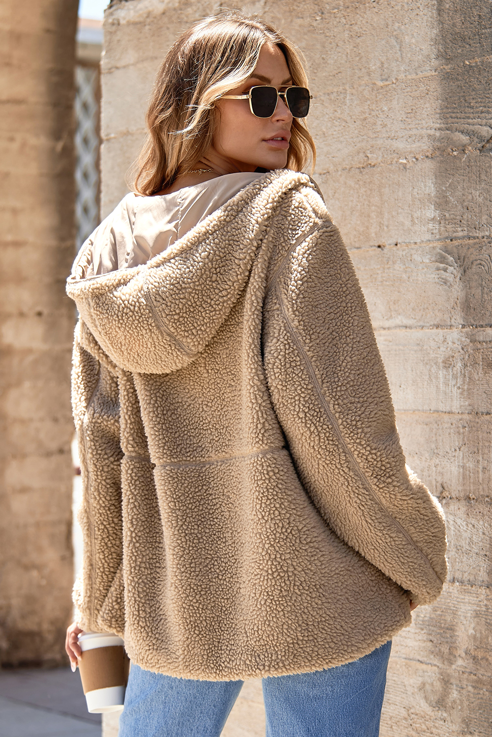 Pale Khaki Fleece Zip Up Drawstring Hooded Pocketed Jacket - loveforevers