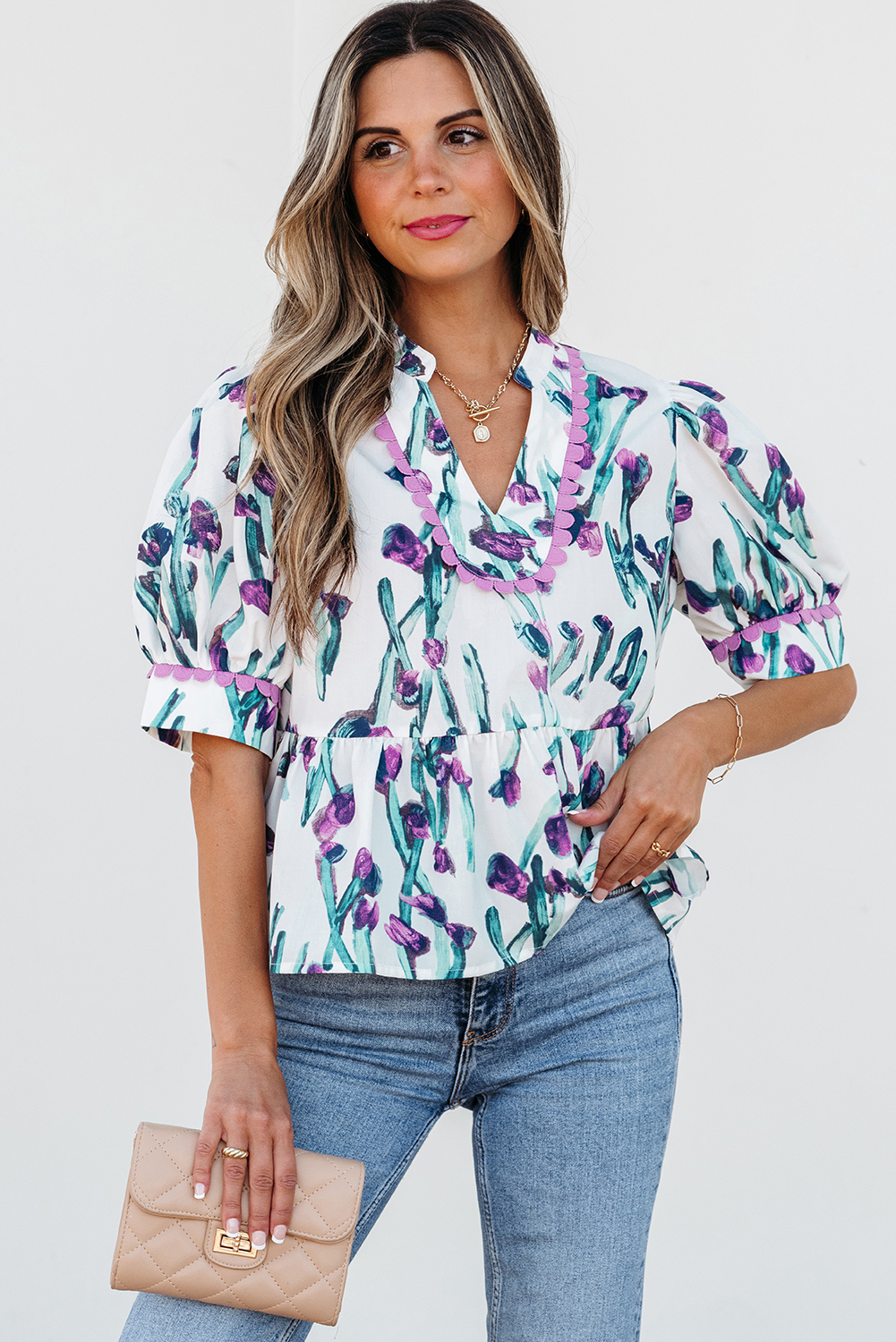 Purple Floral Ricrac Trim Half Sleeve Peplum Top - loveforevers