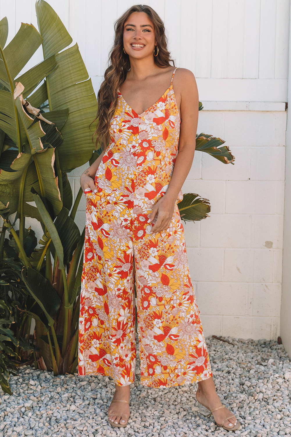 Orange Floral V Neck Wide Leg Sleeveless Jumpsuit - loveforevers