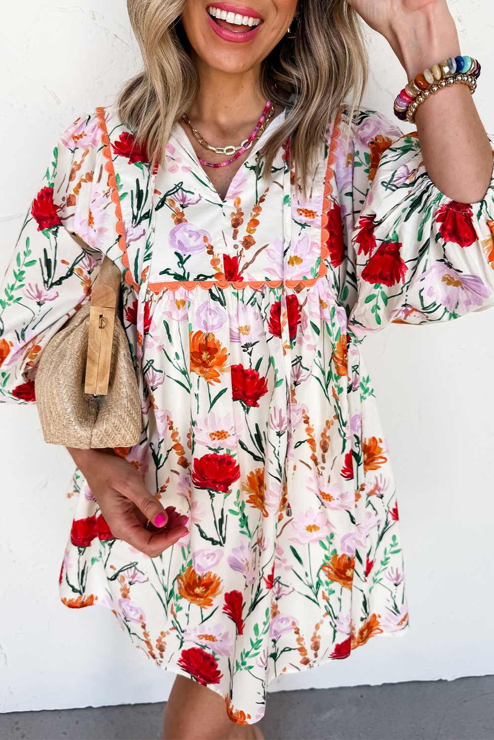 Beige Floral Print 3/4 Puff Sleeve Ricrac Trim Mini Dress - loveforevers