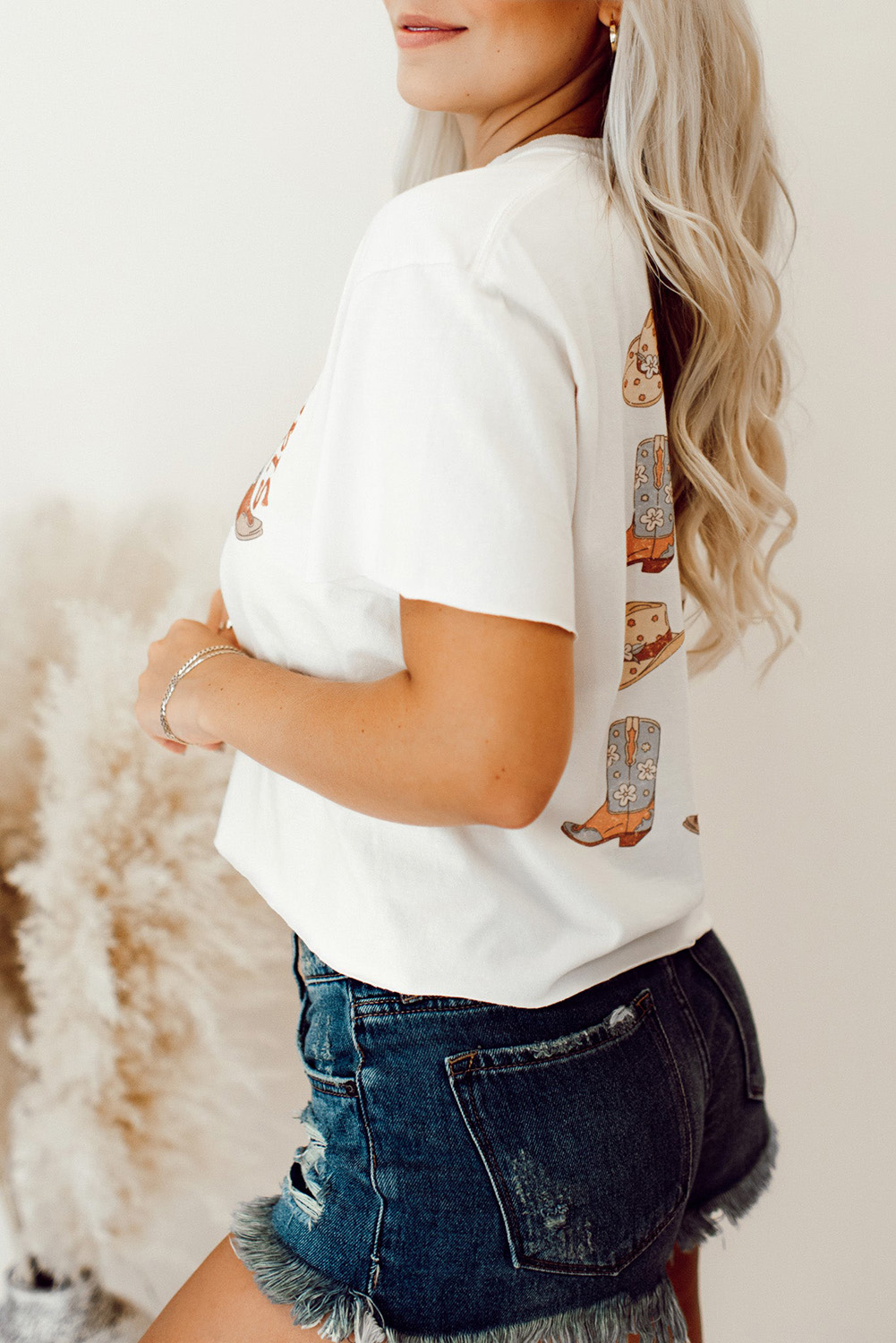 White Western Cowboy Boots Print Round Neck T Shirt - loveforevers