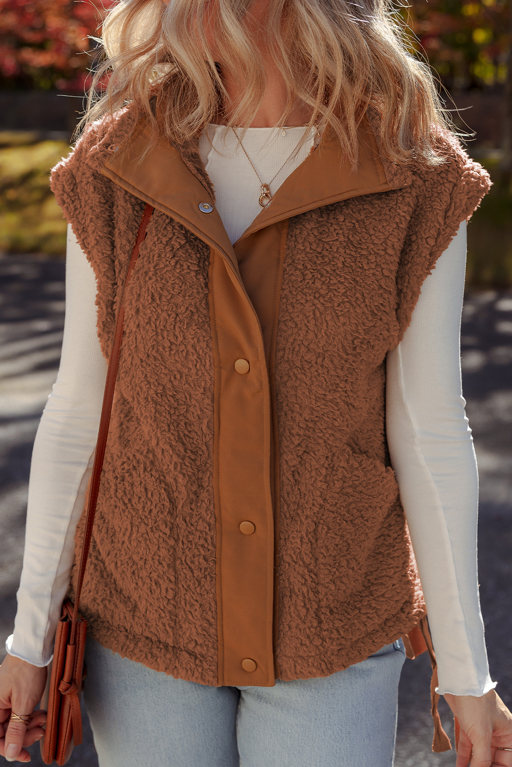 Cinnamon Faux Fur Snap Button Front Knot Side Plush Vest with Pockets - loveforevers