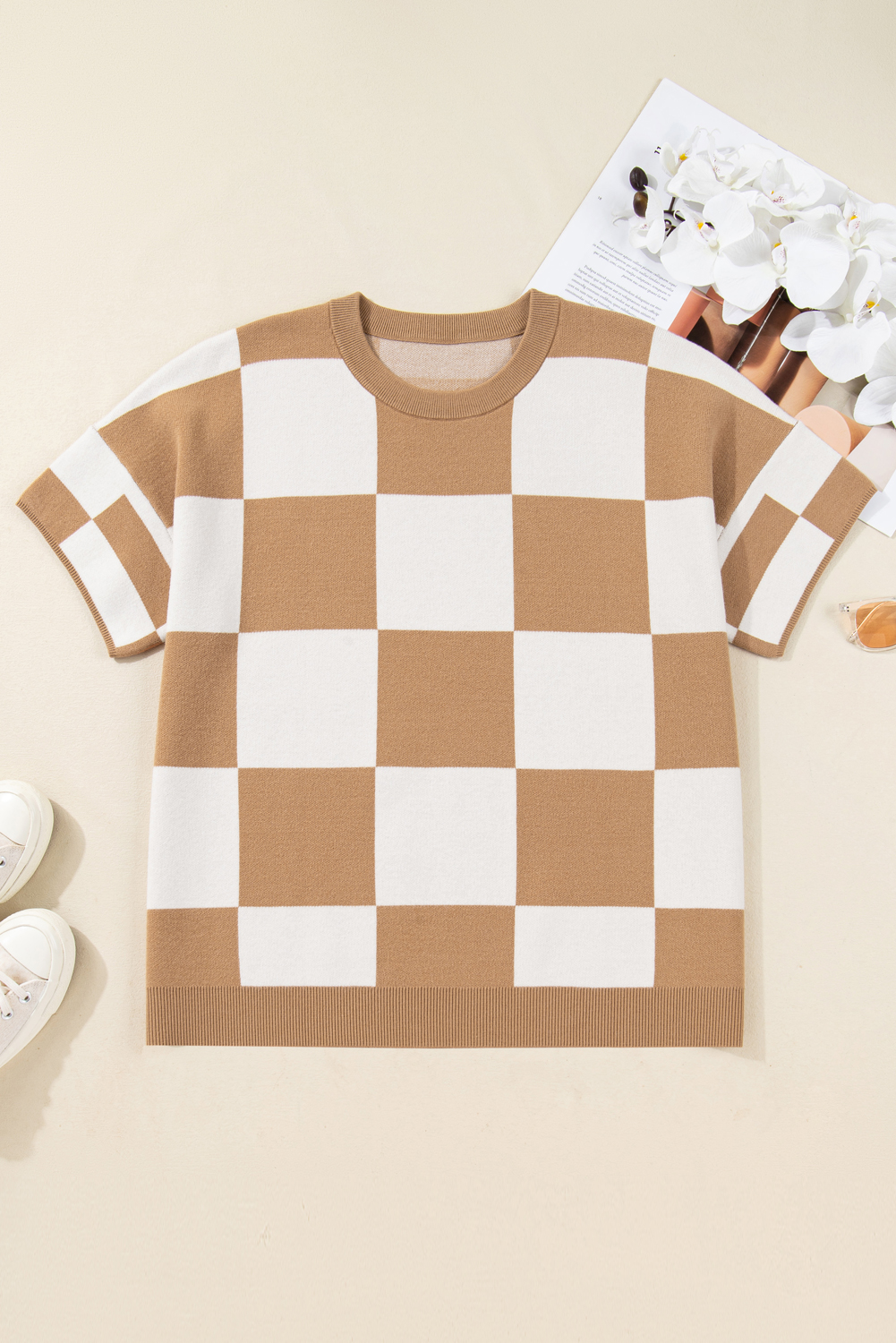 Black Checkered Pattern Loose Drop Shoulder Half Sleeve Sweater - loveforevers