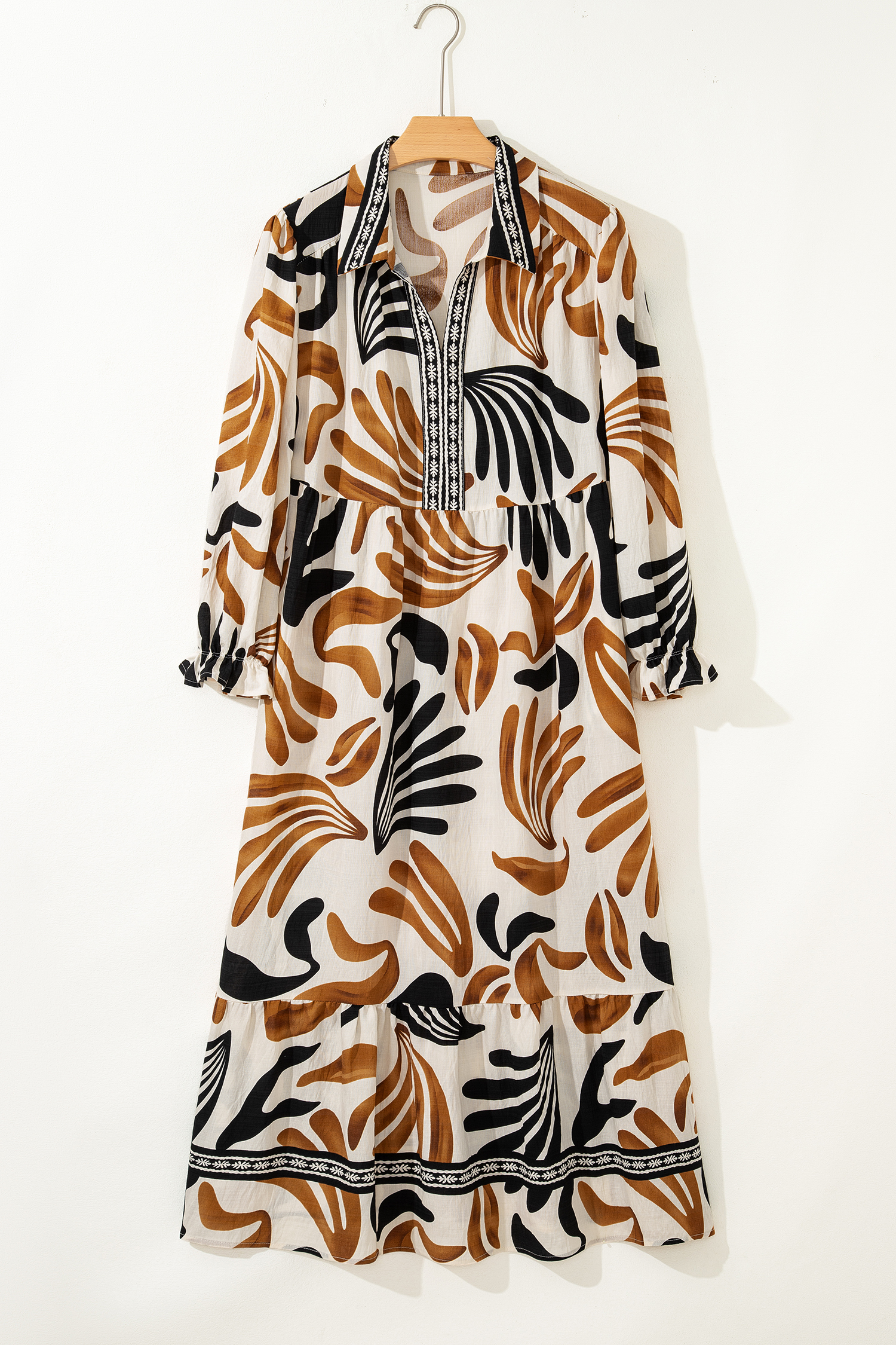 Brown Tropical Printed Contrast Trim Neck Long Sleeve Ruffle Hem Dress - loveforevers