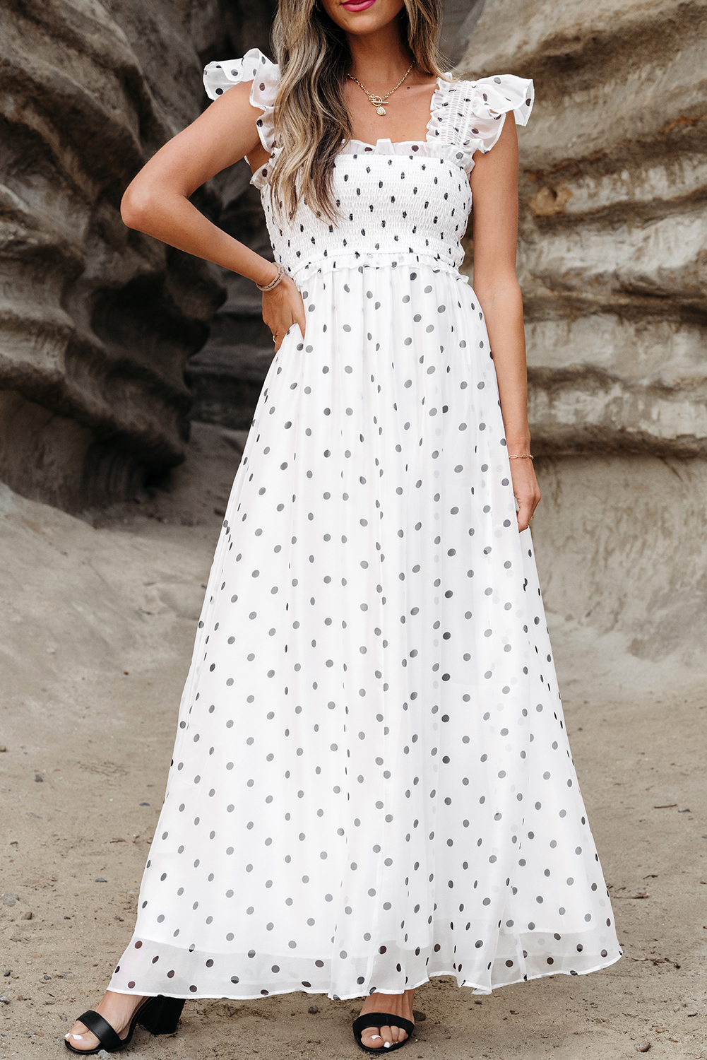 White Polka Dot Flutter Sleeve Square Neck Smocked Maxi Dress - loveforevers
