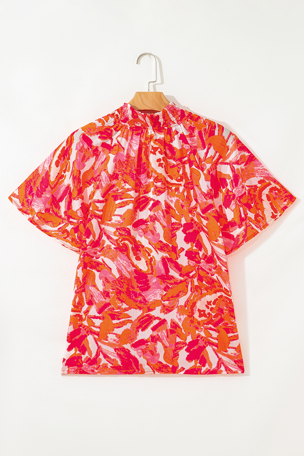 Rose Abstract Print Striped Trim Split Neck Blouse - loveforevers