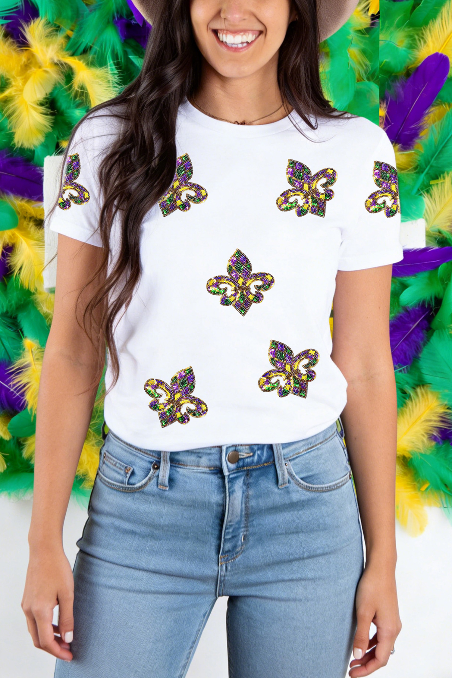 White Maid Gras Sequin Fleur de Lis Graphic T Shirt - loveforevers