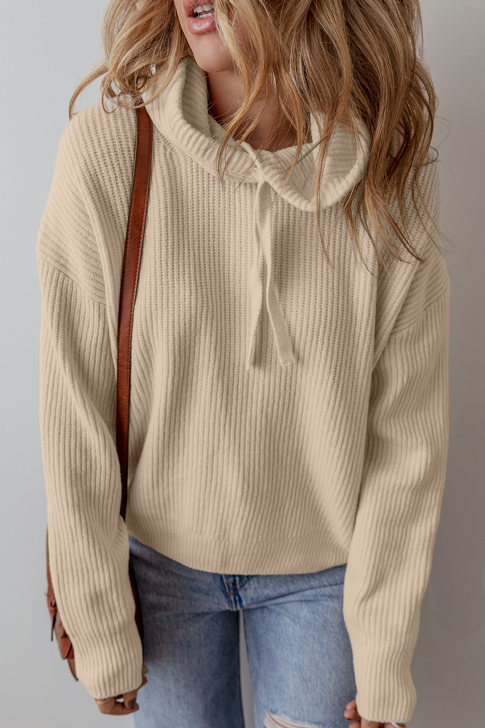 Beige Solid Color Drawstring Hooded Drop Shoulder Pullover Sweater - loveforevers