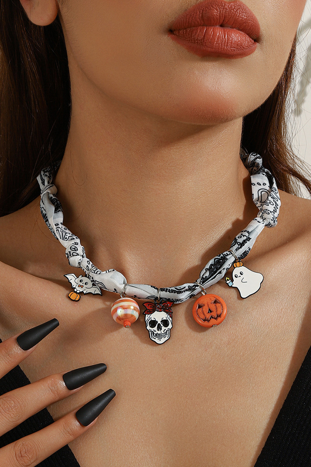 White Boho Printed Knot Scarf Halloween Pumpkin Ghost Charm Necklace - loveforevers