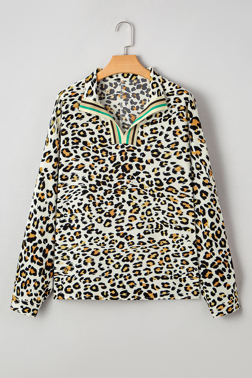 Khaki Leopard Print Contrast Striped V Neck Blouse - loveforevers