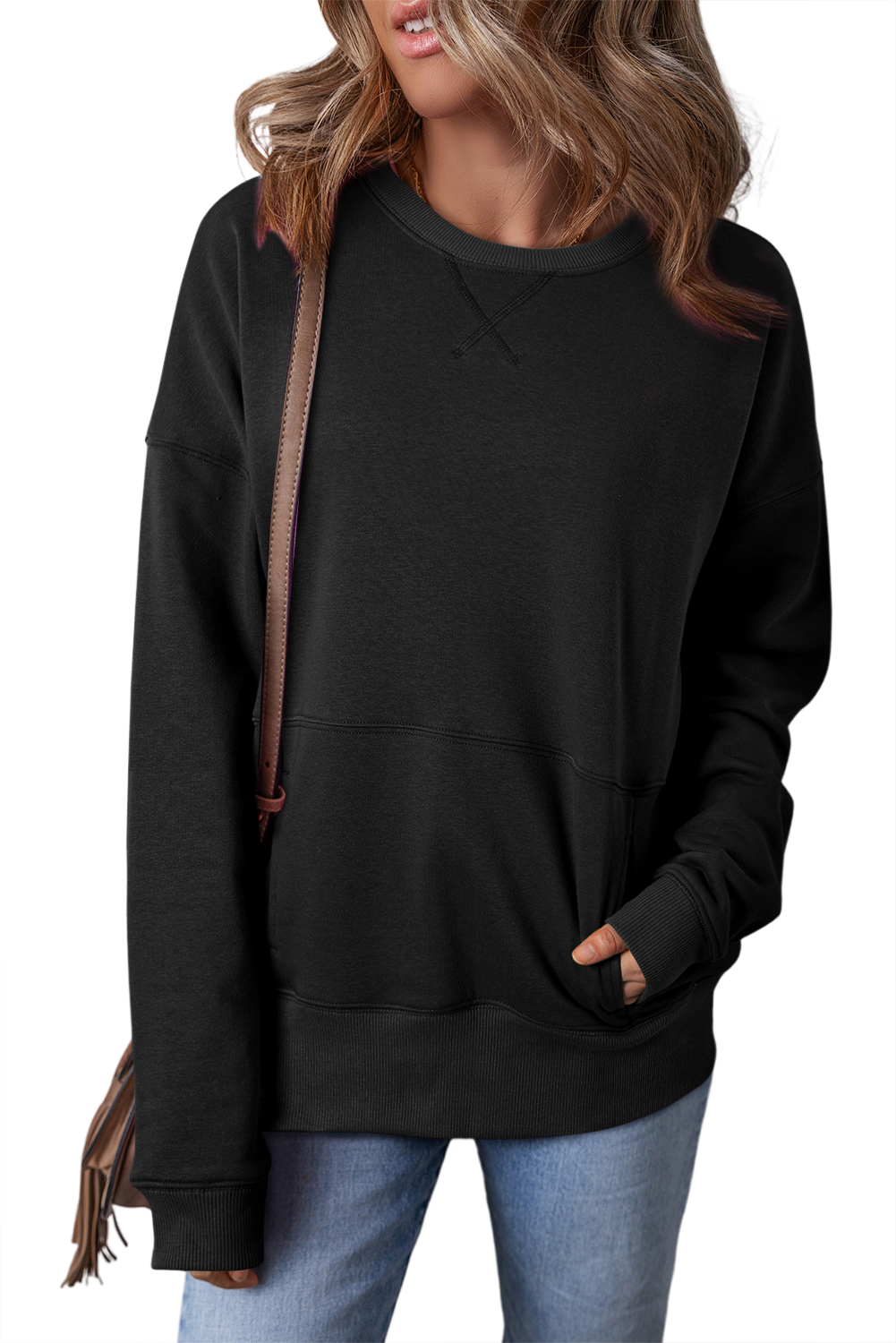Black Drop Shoulder Crisscross Stitching Pocketed Loose Sweatshirt - loveforevers