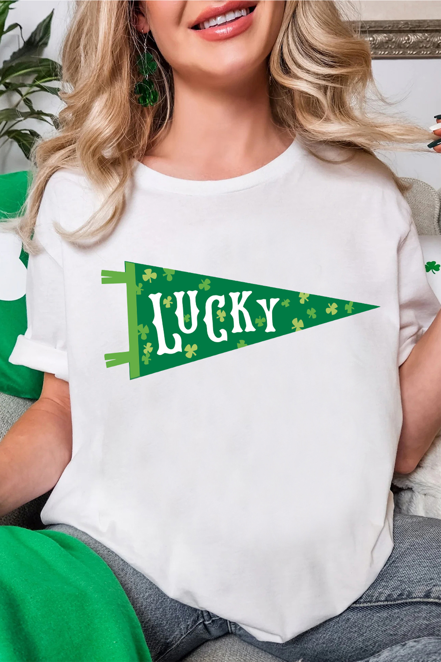 White LUCKY Clover Pennant St Patricks Day T Shirt - loveforevers