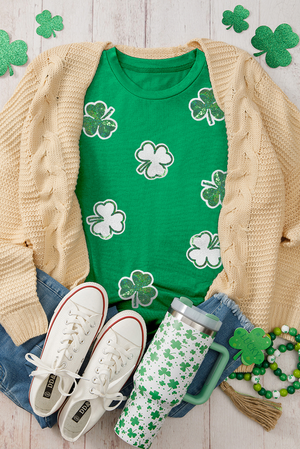 Bright Green St Patricks Sequined Clover Pattern T Shirt - loveforevers