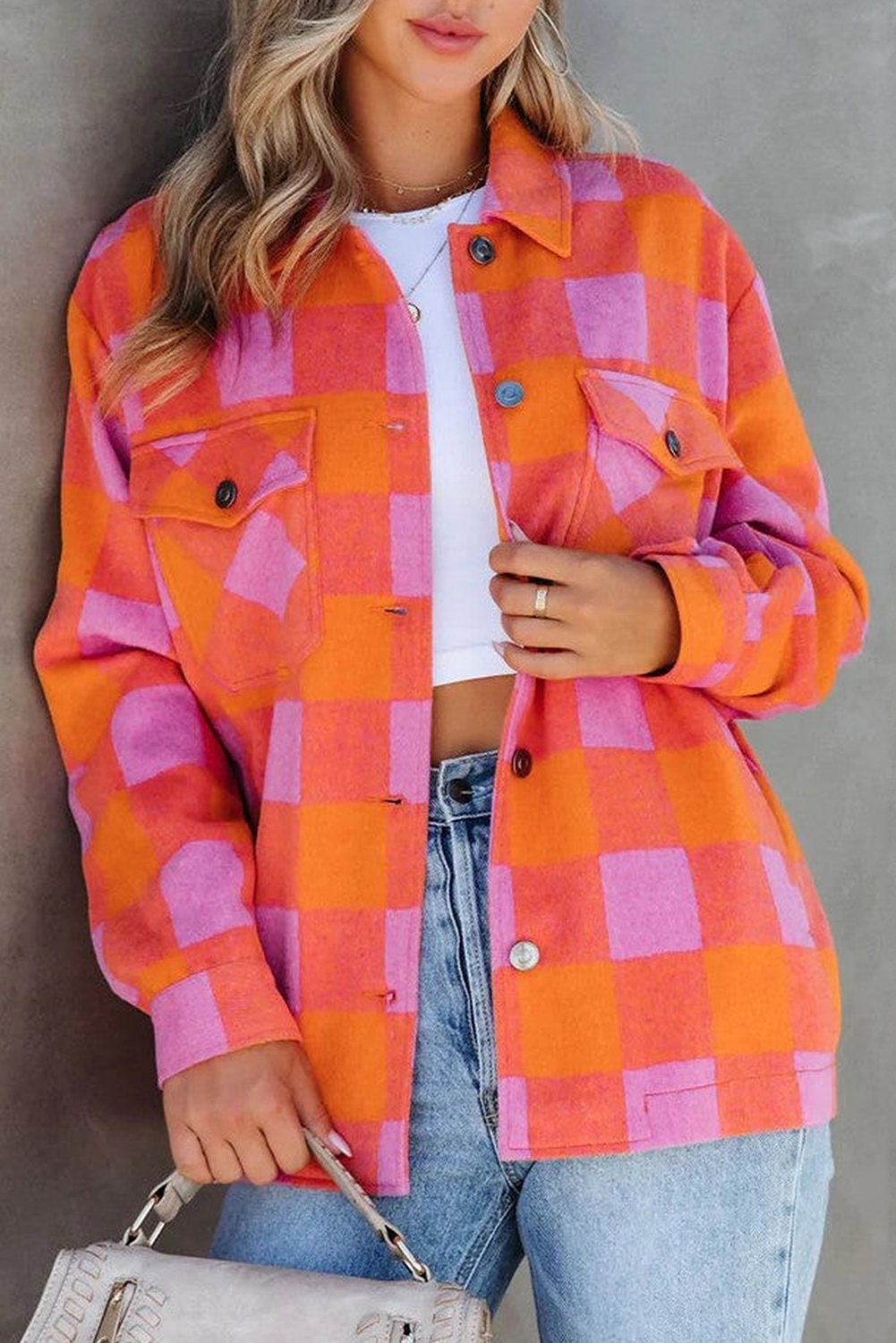 Orange Plaid Chest Pockets Button-up Turn Down Collar Jacket - loveforevers