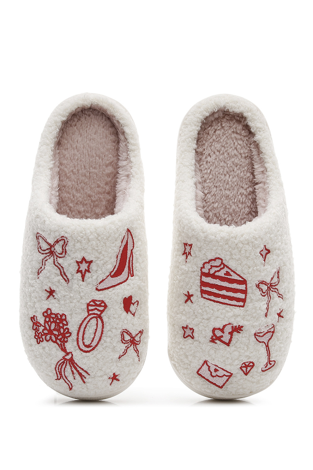 Fiery Red Plush Asymmetric Wedding Doodles Embroidered Slippers - loveforevers
