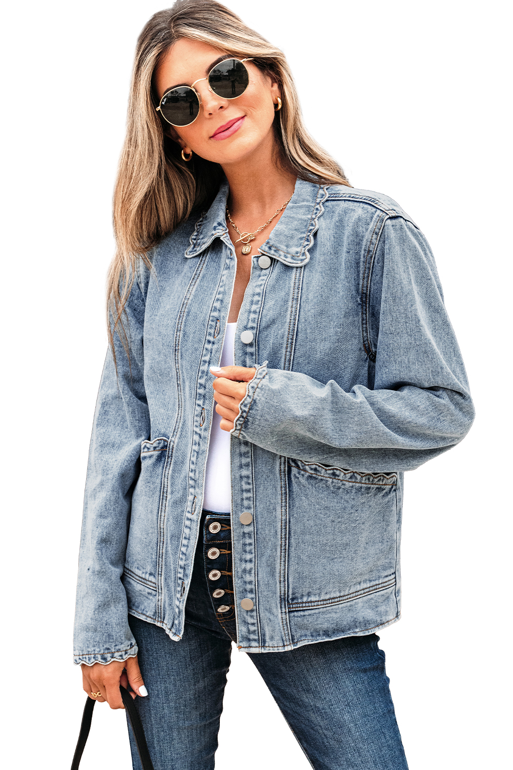 Myosotis Scallop Trim Collar Patched Pocket Button Up Mineral Washed Denim Jacket - loveforevers