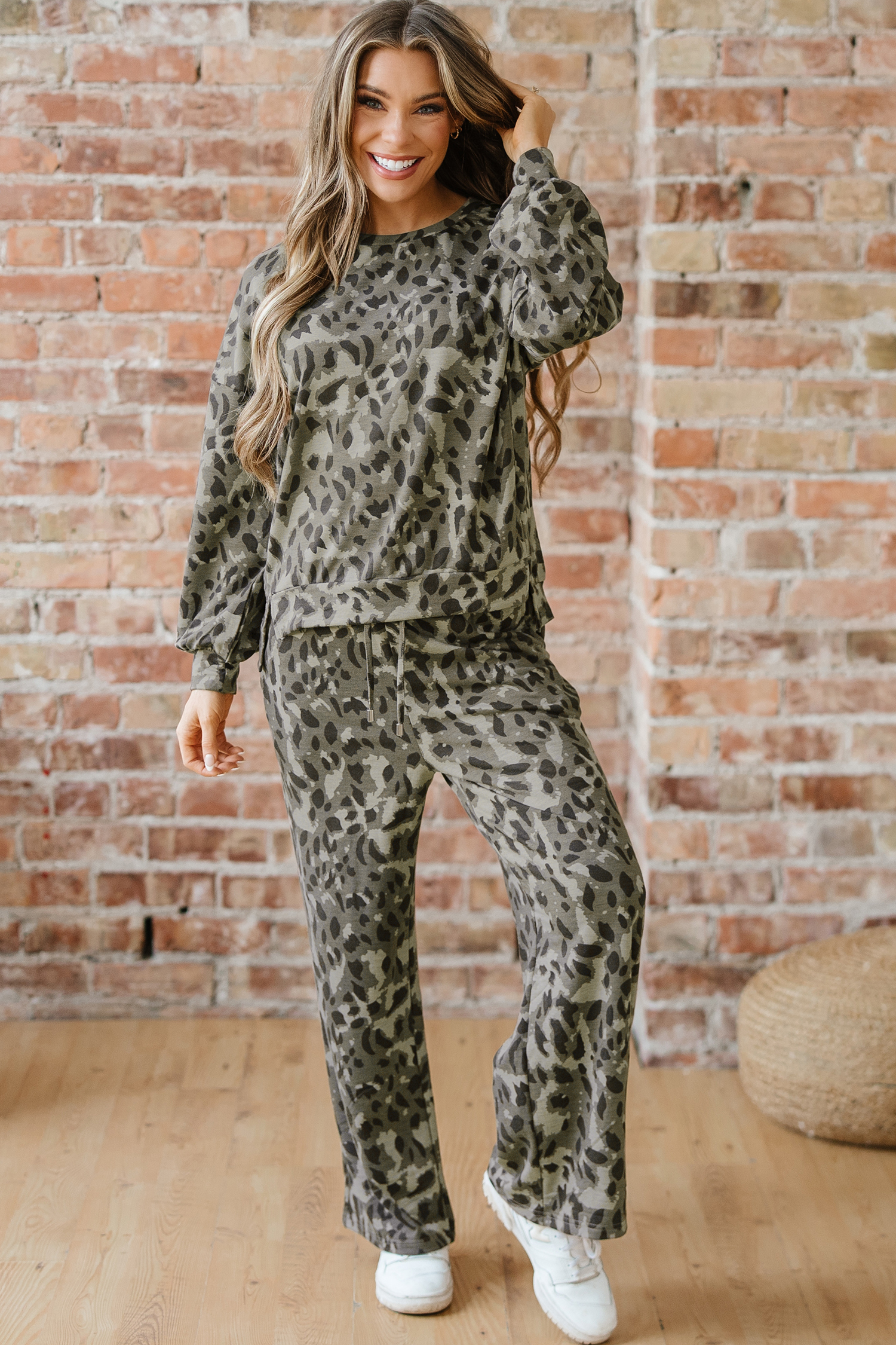 Brown Leopard Loose Tee Drawstring Waist Barrel Pants Set - loveforevers