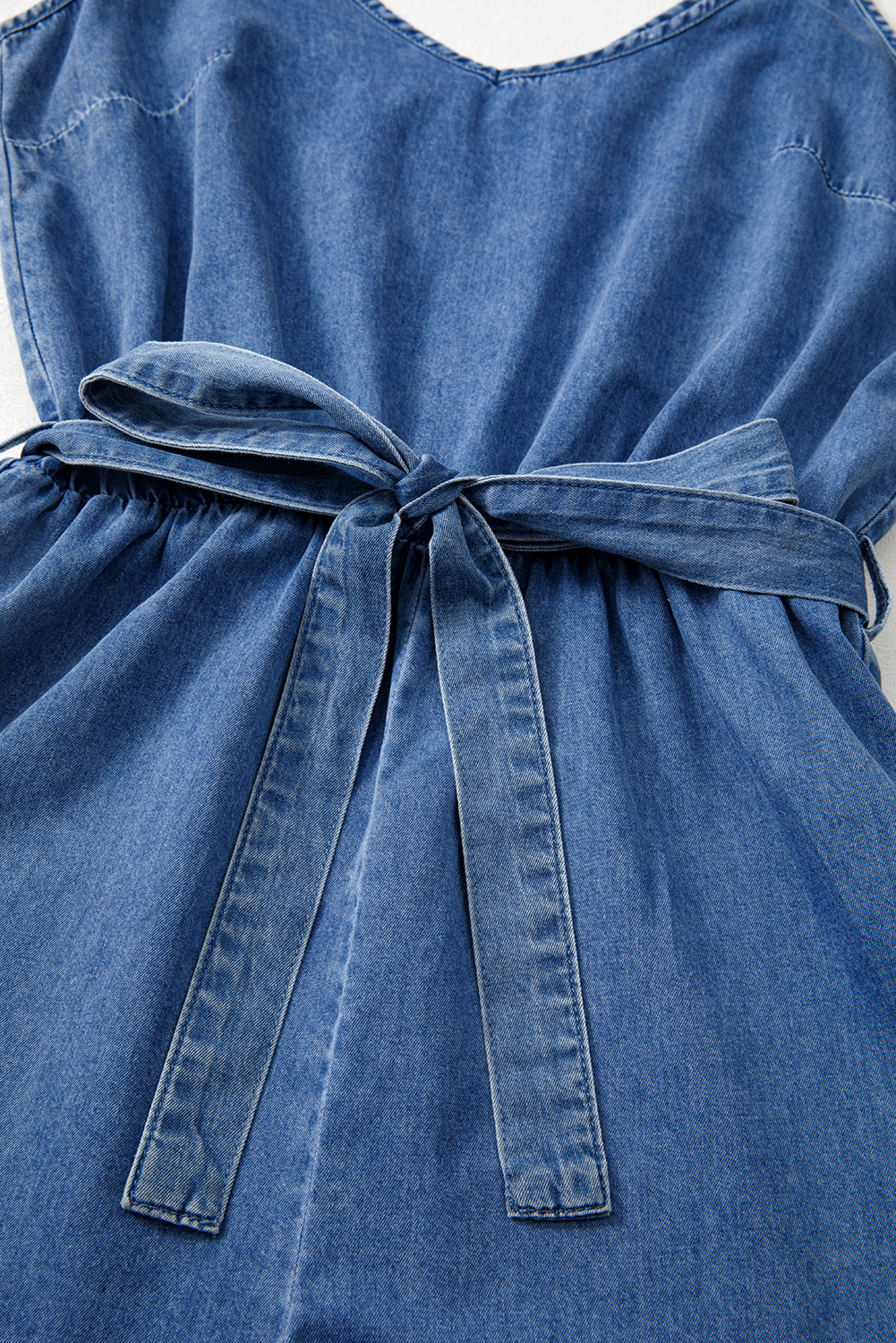 Ashleigh Blue Spaghetti Straps V Neck Belted Ruffled Leg Chambray Romper - loveforevers