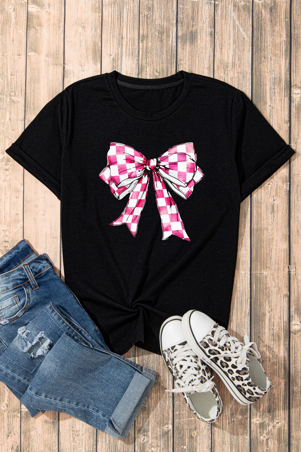 Black Checkerboard Bowknot Graphic Crewneck T Shirt - loveforevers