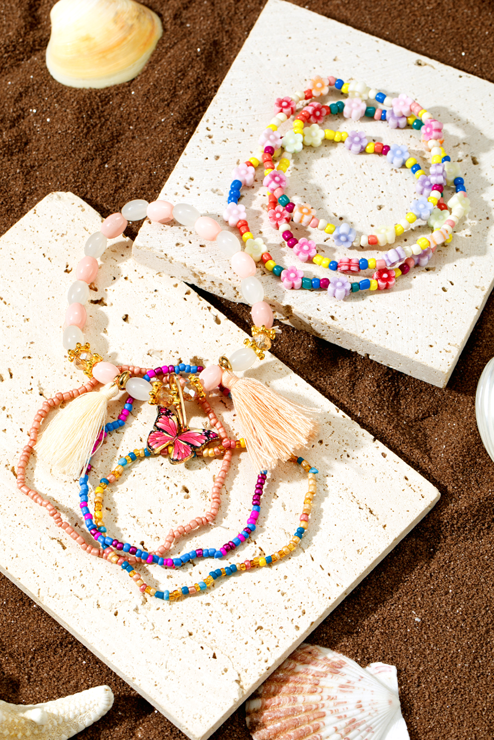 Peach Blossom 7pcs Handmade Beaded Bohemian Style Butterfly Tassel Bracelet Set - loveforevers