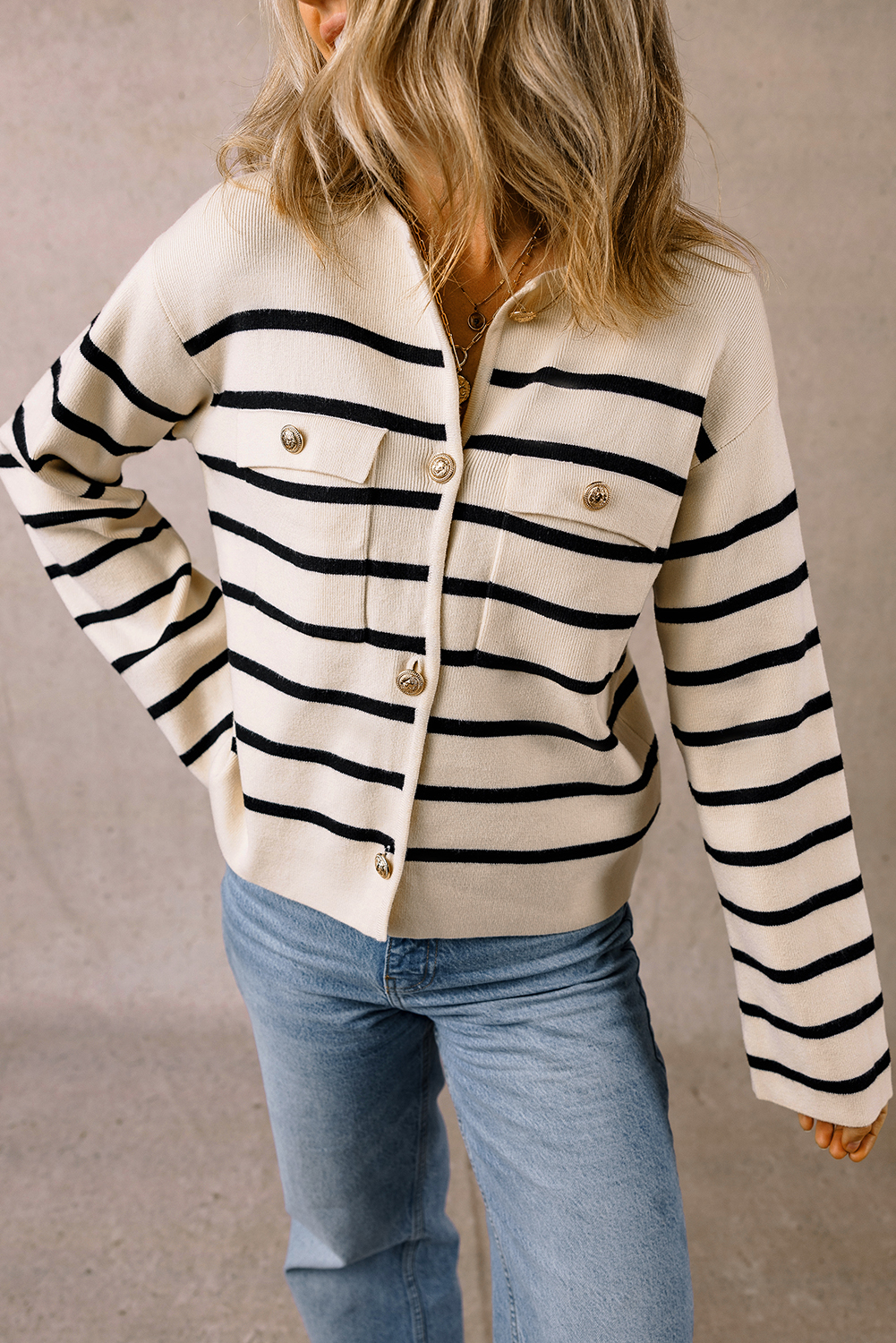 Black Stripe Flap Pocket Buttoned Cardigan Sweater - loveforevers
