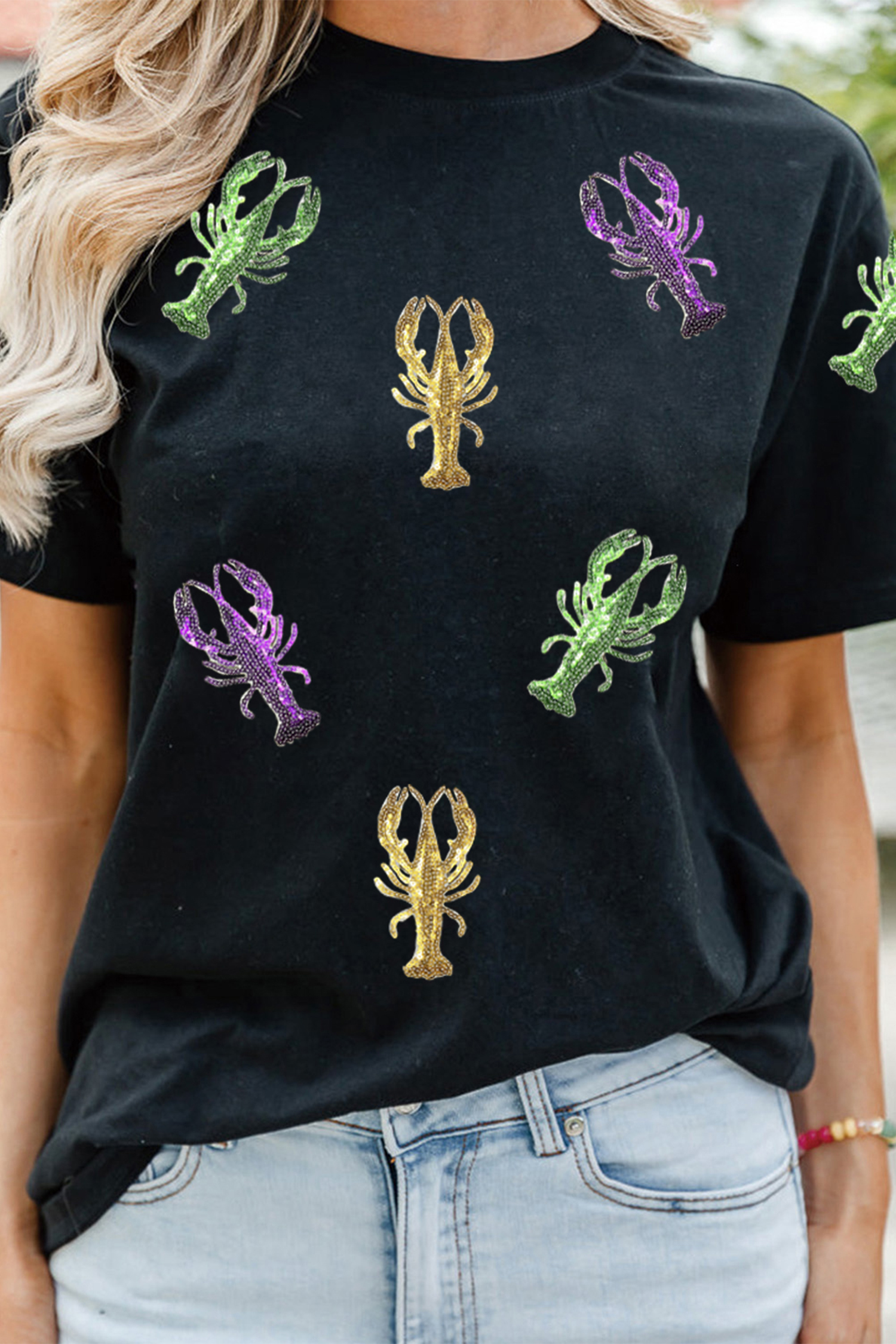 Black Lobster Patched Pattern Festive T Shirt - loveforevers