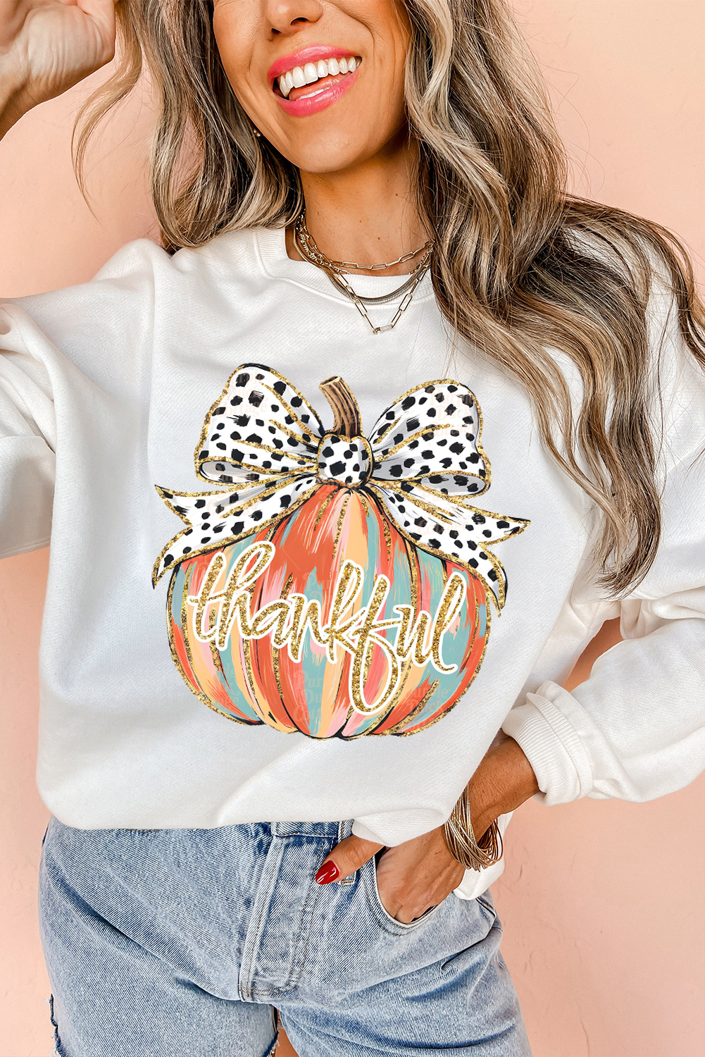 Beige Polka Dot Bow Knot Pumpkin Print Thanksgiving Sweatshirt - loveforevers