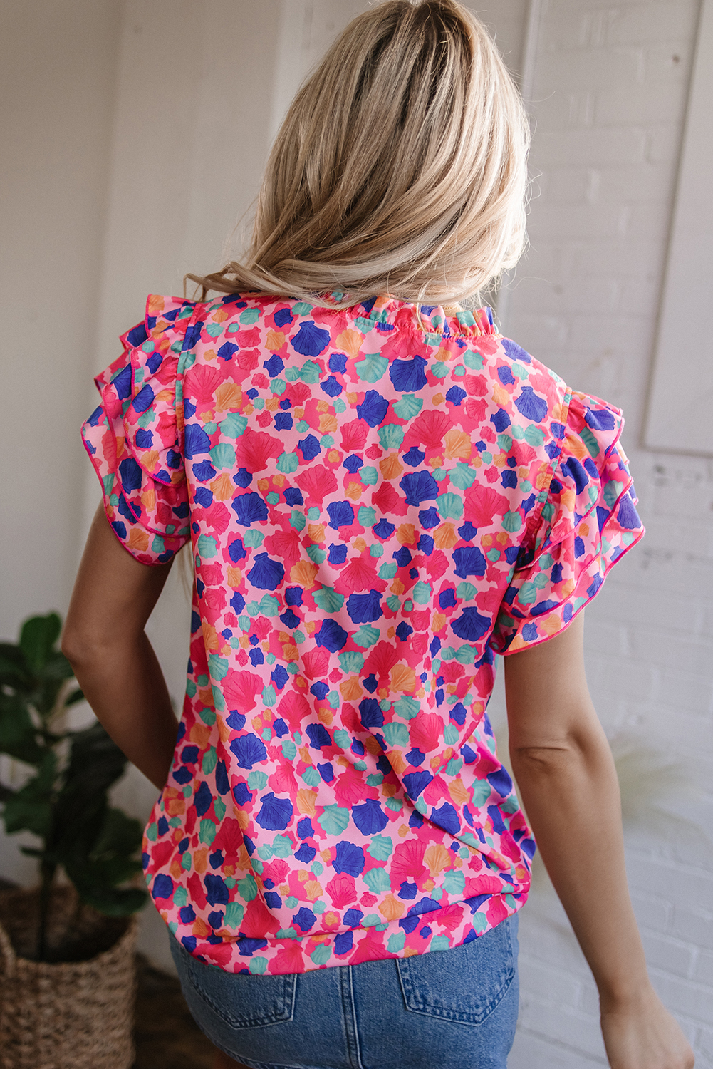 Rose Red Abstract Print Ruffled Sleeve V Neck Blouse - loveforevers
