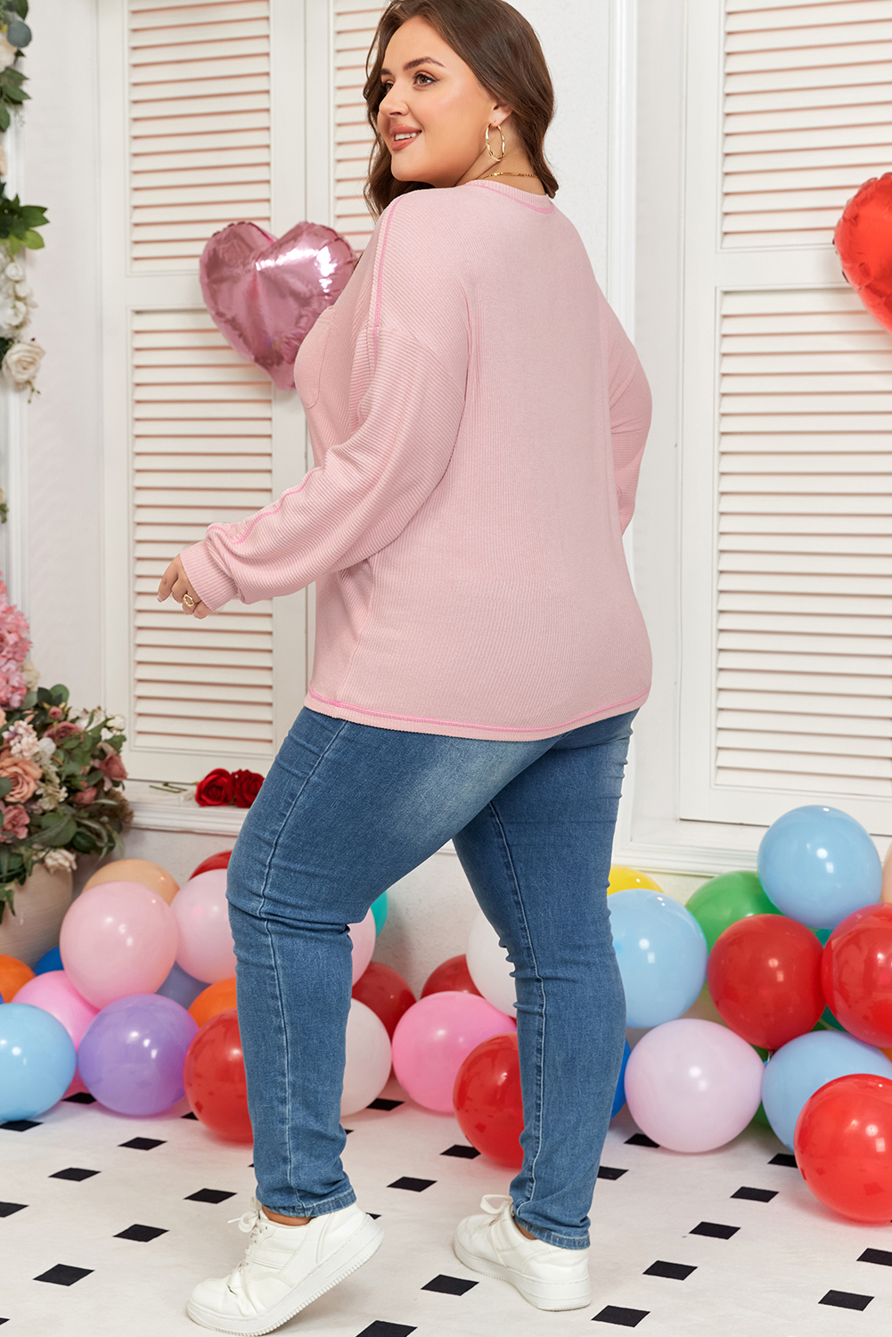 Bonbon Ribbed Exposed Seam Round Neck Chest Pocket Plus Knit Top - loveforevers
