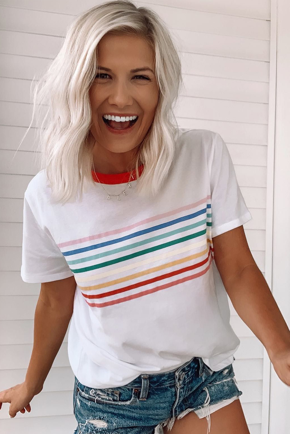 White Rainbow Stripe Print Contrast Crewneck T Shirt - loveforevers
