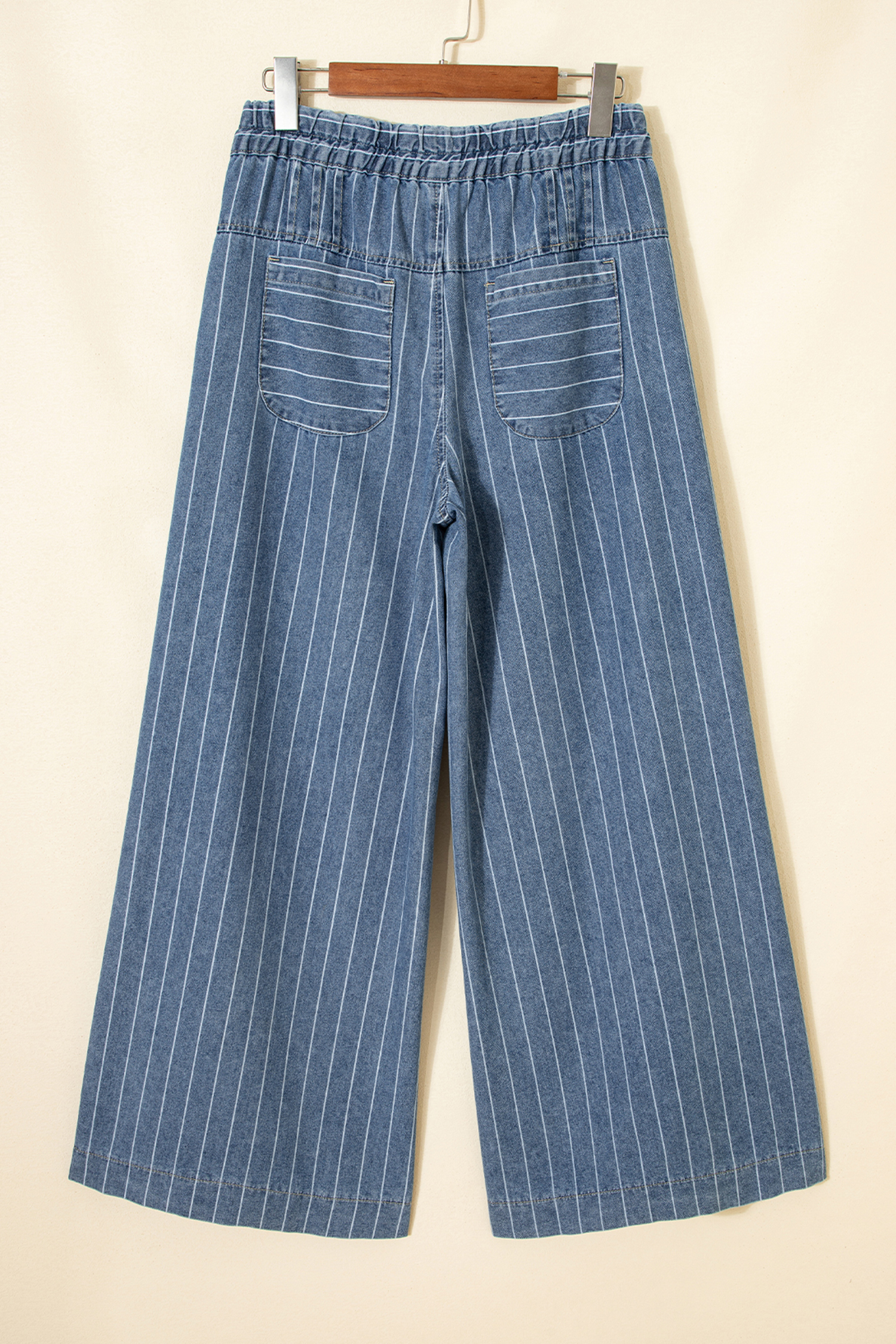 Sky Blue Stripe Button Pleated Drawstring Waist Casual Wide Leg Jeans - loveforevers