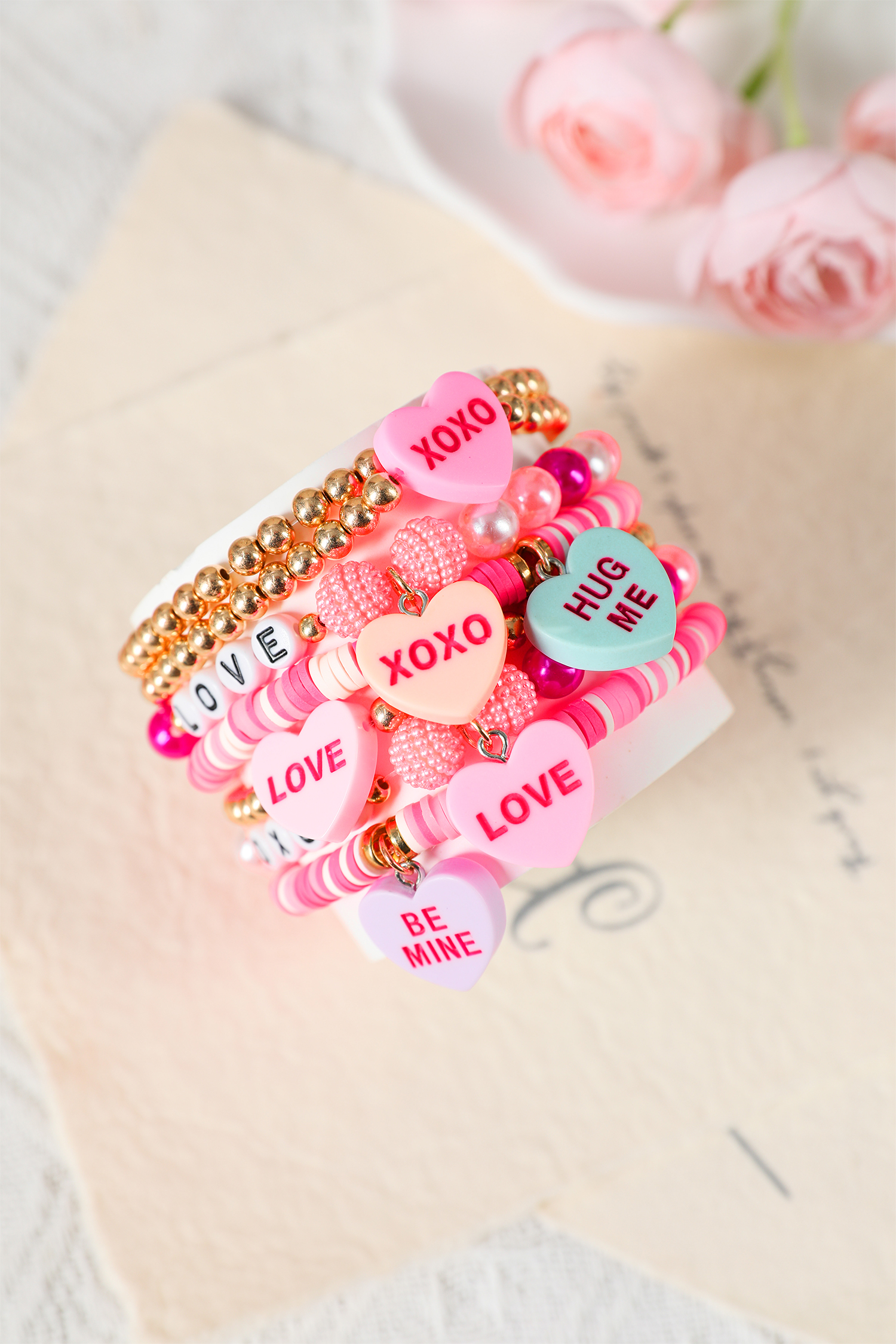 Bonbon Valentine Heart Pendant Beaded Elastic Bracelet Set - loveforevers
