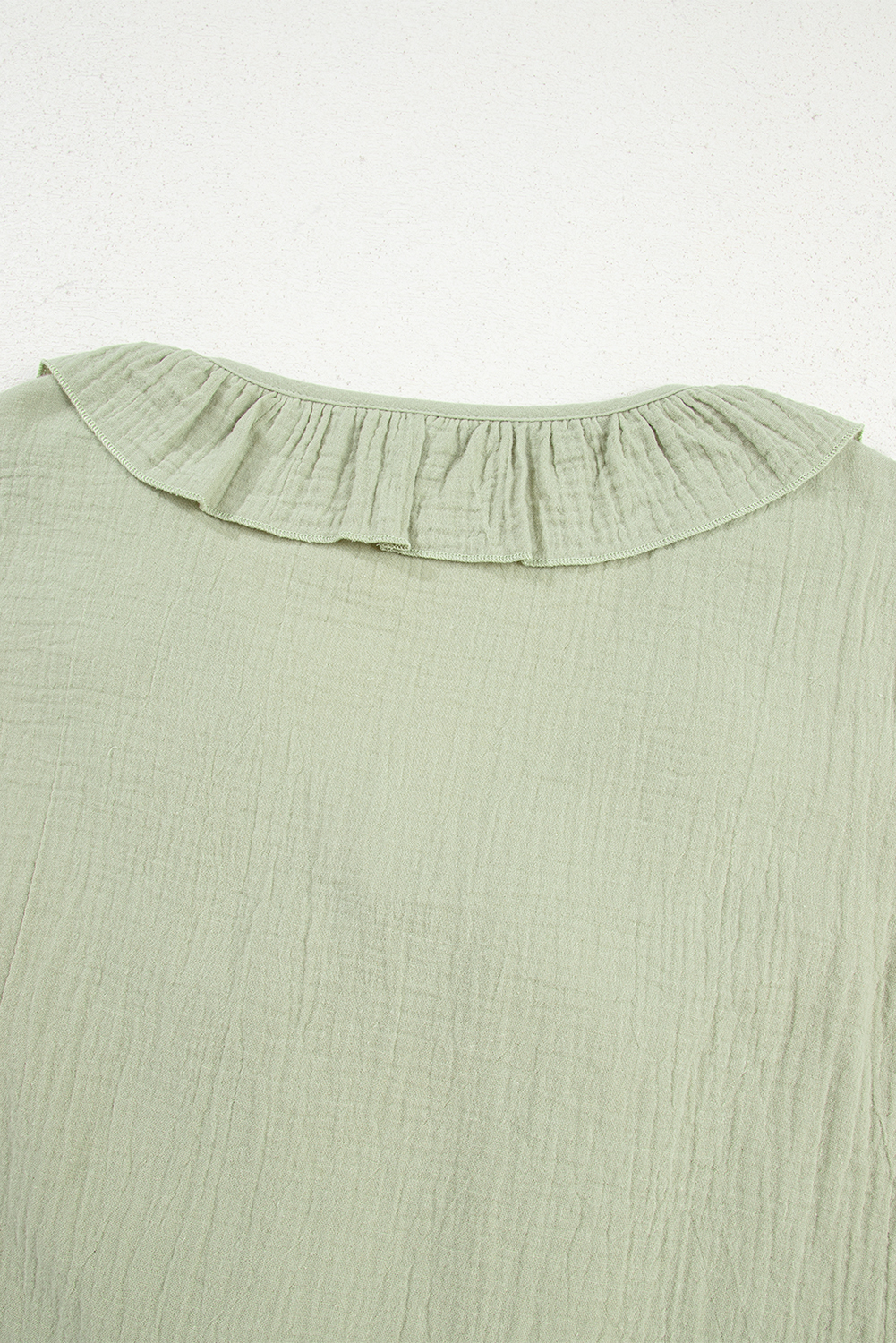 Meadow Mist Green Bow Tie Front Ruffle Trim V Neck Long Sleeve Gauze Blouse - loveforevers