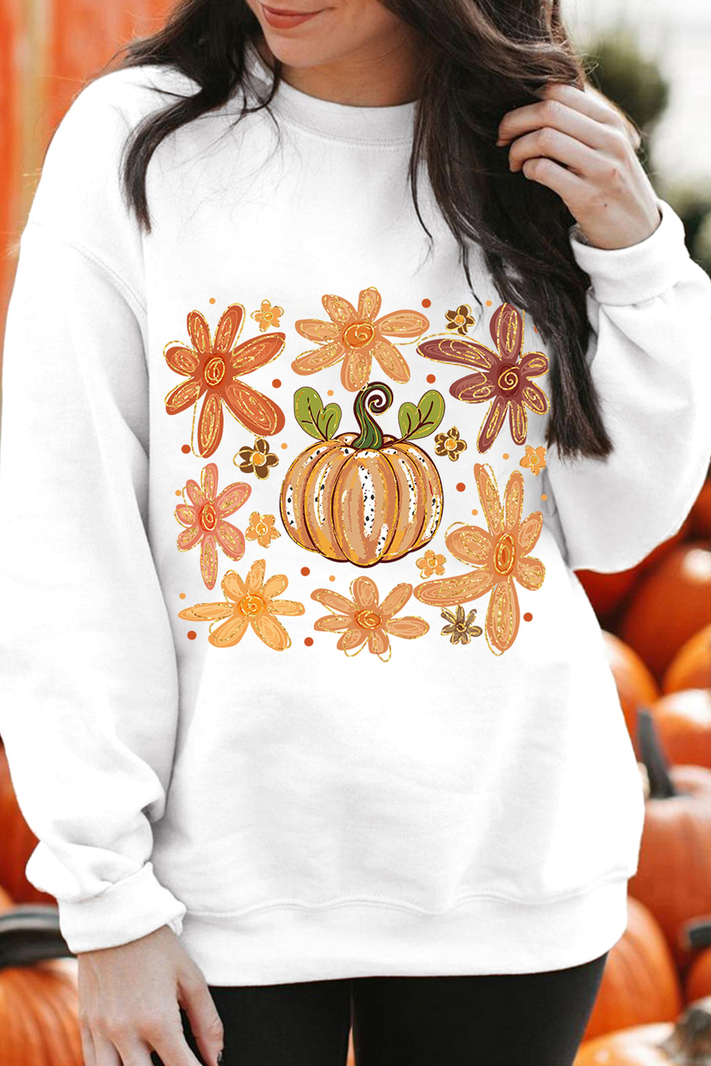 White Flower Pumpkin Printed Cotton Blend Sweatshirt - loveforevers