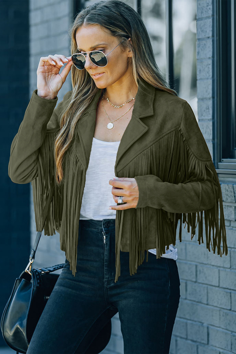 Gray Cropped Fringe Faux Suede Jacket - loveforevers